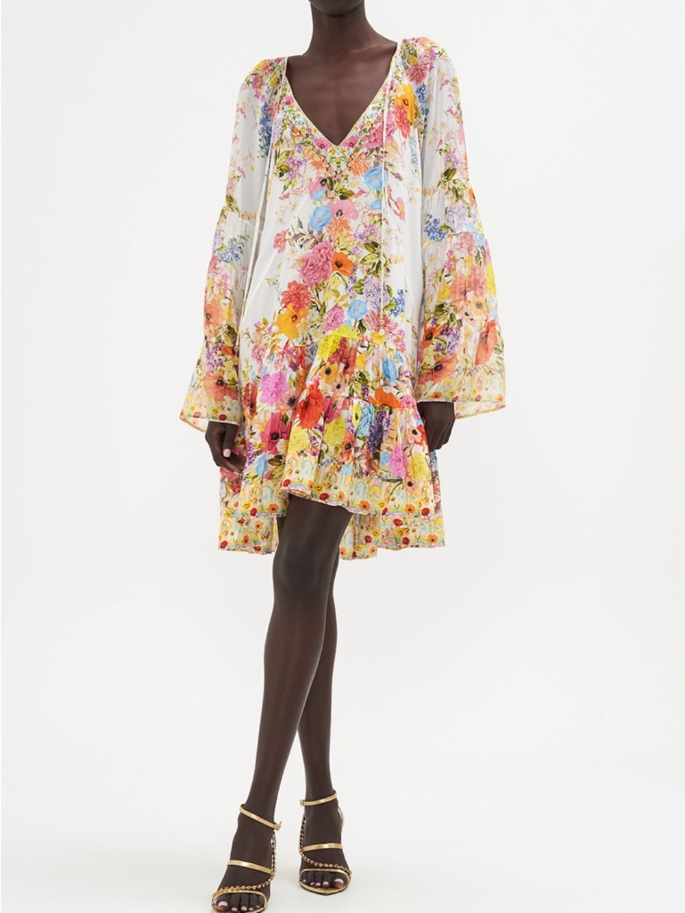 Camilla Sunlight Symphony. White Floral V-Neck Mini Dress with Multicolor Print